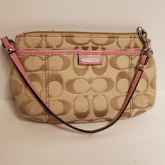 Coach Medium Signature Canvas Pink Leather Trim Wristlet - Picture 1 of 8